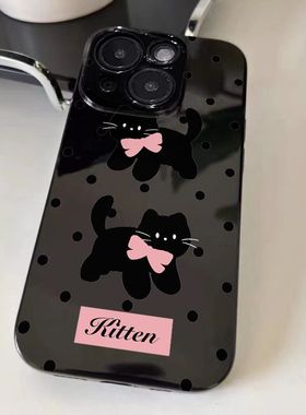 波点黑色猫咪适用苹果15手机壳iPhone11亮面黑12/13/14promax日韩风4/5S直边6/7/8PLUS软套XSMAX防摔保护XR潮