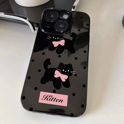 波点黑色猫咪适用苹果15手机壳iPhone11亮面黑12/13/14promax日韩风4/5S直边6/7/8PLUS软套XSMAX防摔保护XR潮