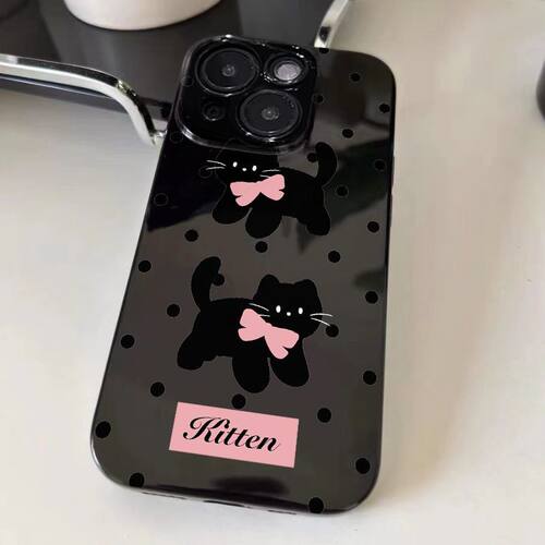 波点黑色猫咪适用苹果15手机壳iPhone11亮面黑12/13/14promax日韩风4/5S直边6/7/8PLUS软套XSMAX防摔保护XR潮