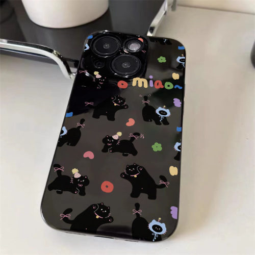 小黑猫咪适用苹果11手机壳iPhone12/13/14/15/16promax亮面黑6/7/8plus直边xr卡通xsmax防摔保护4/5s少女情侣