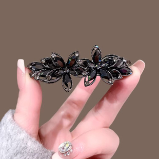 黑曜水晶花朵弹簧夹气质后脑勺顶夹横夹马尾夹优雅半扎发发夹发卡