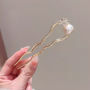 高级感珍珠花朵发簪女古风简约现代盘发簪子U型发钗插梳头饰发卡