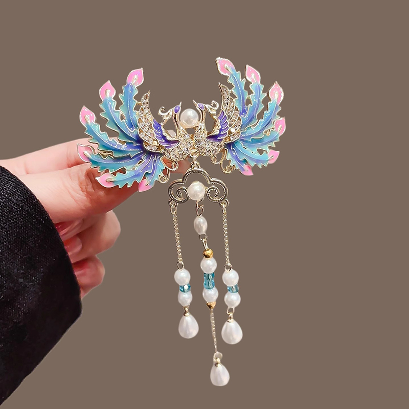 2025新款高级感发卡后脑勺半扎弹簧夹子新中式幻彩凤凰流苏发夹女