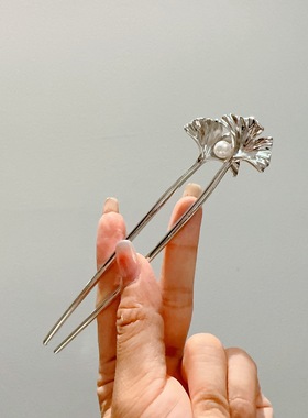 国风气质银杏叶珍珠u型发簪新中式高级感金属短簪子古风旗袍发钗