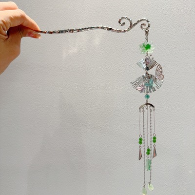 新中式绿扇子流苏发簪仙气国风小众设计清冷感诗情扇意步摇发饰女