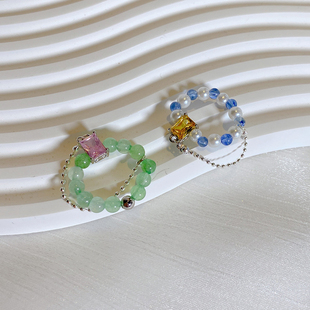 关节戒松紧可调食指戒 锆石长链条树脂珍珠弹力戒指甜美少女风个性