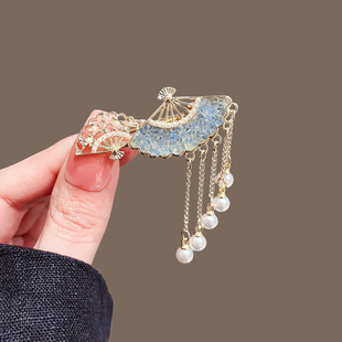 刘海夹时尚 气质侧边 前额碎发鸭嘴夹子水晶扇形流苏发夹女2025新款