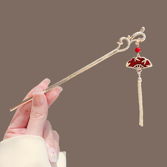 高级感簪子女古风旗袍新娘敬酒服新年红色头饰中国风扇子流苏发簪