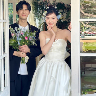 2026新款韩式简约缎面抹胸轻婚纱小个子蝴蝶结新娘结婚领证小白裙