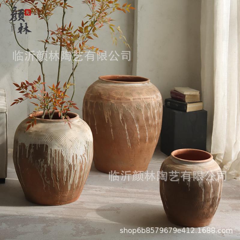 复古粗陶缸陶罐大花盆翁罐瓦缸装饰大号土陶民宿酒店软装陶罐花盆