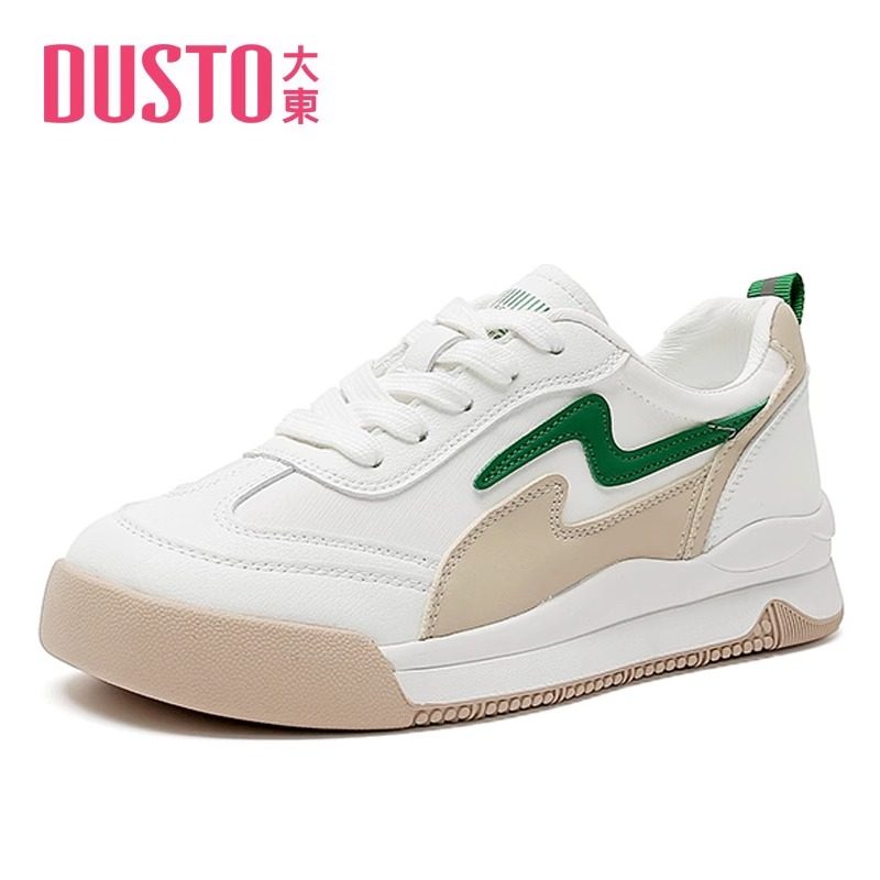 大东女鞋2023春季新款中跟平底圆头系带小白鞋休闲板鞋23C1318