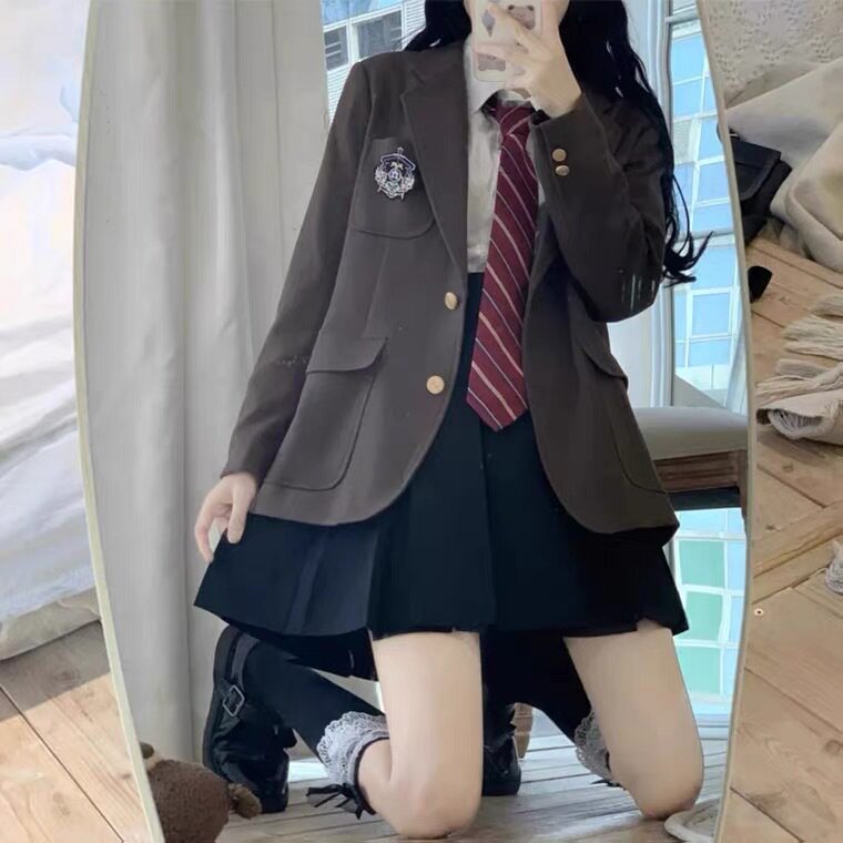 黑丝学姐jk制服秋冬裙正版套装原创半身裙格裙棕色西服西装外套女