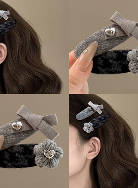 灰色针织蝴蝶结花朵发夹侧边碎发刘海夹成人气质前额夹子头饰发卡