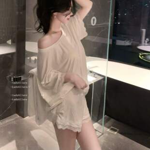 「LA」温婉姐姐*FMZ丨静感系列*原创韩版斜肩蕾丝短袖T恤睡衣套装