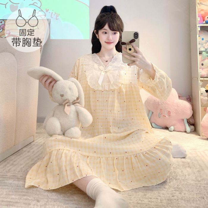 胖MM云朵棉V领花边中长睡裙