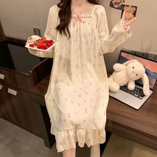 睡衣女新款甜美可爱长袖中长款碎花春秋季方领公主风家居服睡裙