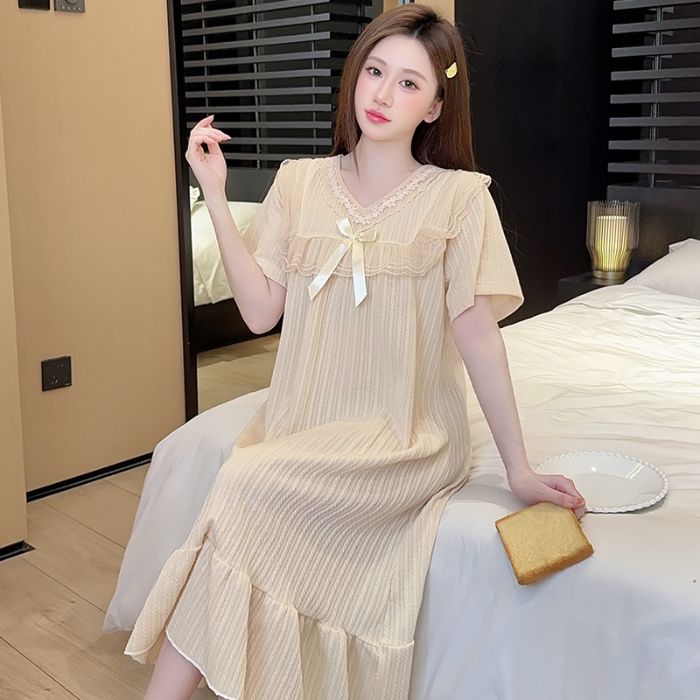 夏季甜美公主蕾丝短袖中长睡裙