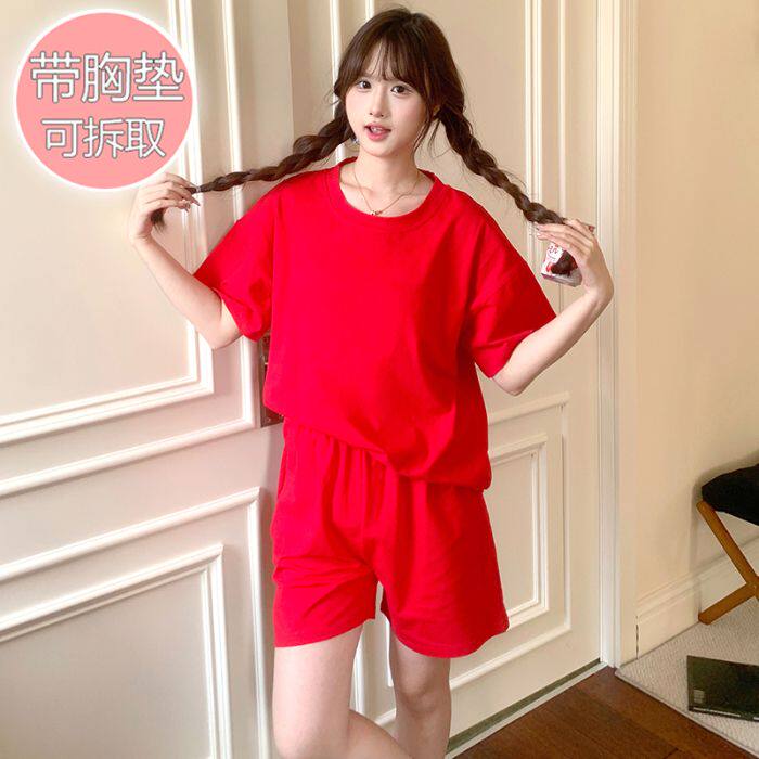 睡衣女夏季纯棉胖MM甜美可爱圆领带胸垫短袖短裤加大码家居服套装
