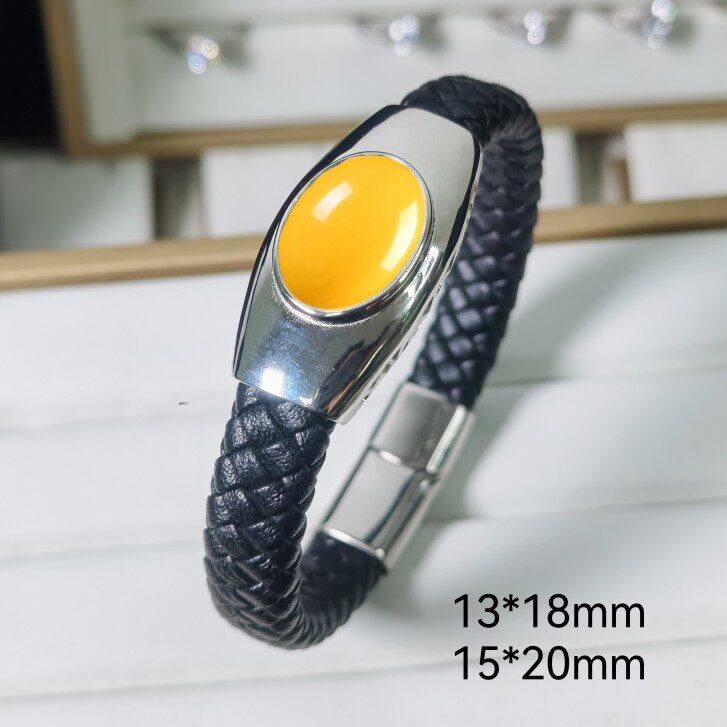 S925纯银手镯空托DIY镶嵌蜜蜡绿松石皮绳手链托空托配件13*18黑绳