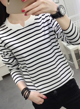 春装2026新款纯棉长袖T恤女装薄款条纹上衣服宽松打底衫秋衣外穿