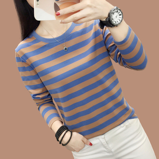 春秋季条纹纯棉长袖T恤打底衫女内搭宽松大码上衣妈妈装洋气小衫