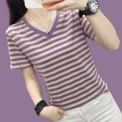 大码女装宽松纯棉短袖t恤女士夏装2025新款显瘦遮肚子条纹v领上衣