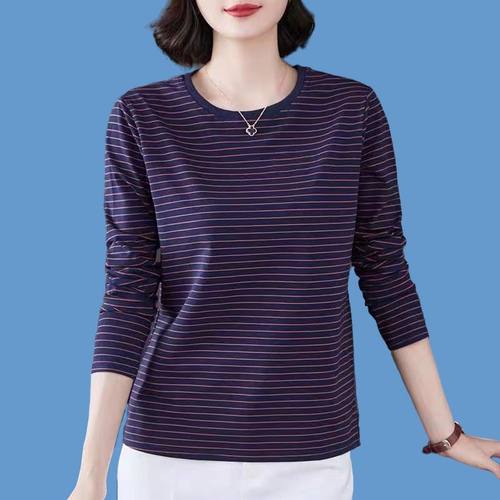 纯棉春秋薄款条纹长袖T恤女
