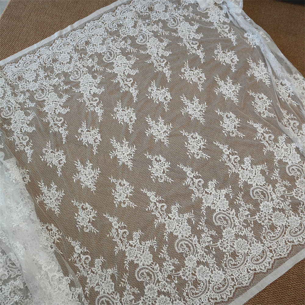 白色法国睫毛加车骨刺绣蕾丝面料婚纱礼服头纱手工DIY清仓特价