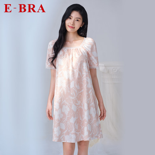 安莉芳旗下E-BRA专柜新品方领棉质短袖碎花中裙女舒适睡裙KL00194