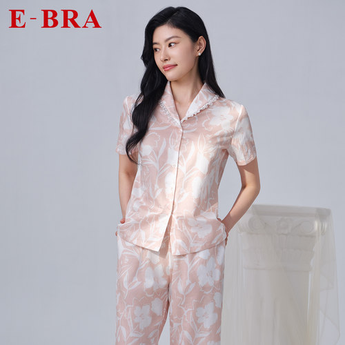 E-BRA夏季纯棉短袖七分裤梭织印花睡衣女士全棉家居服套装KL00193