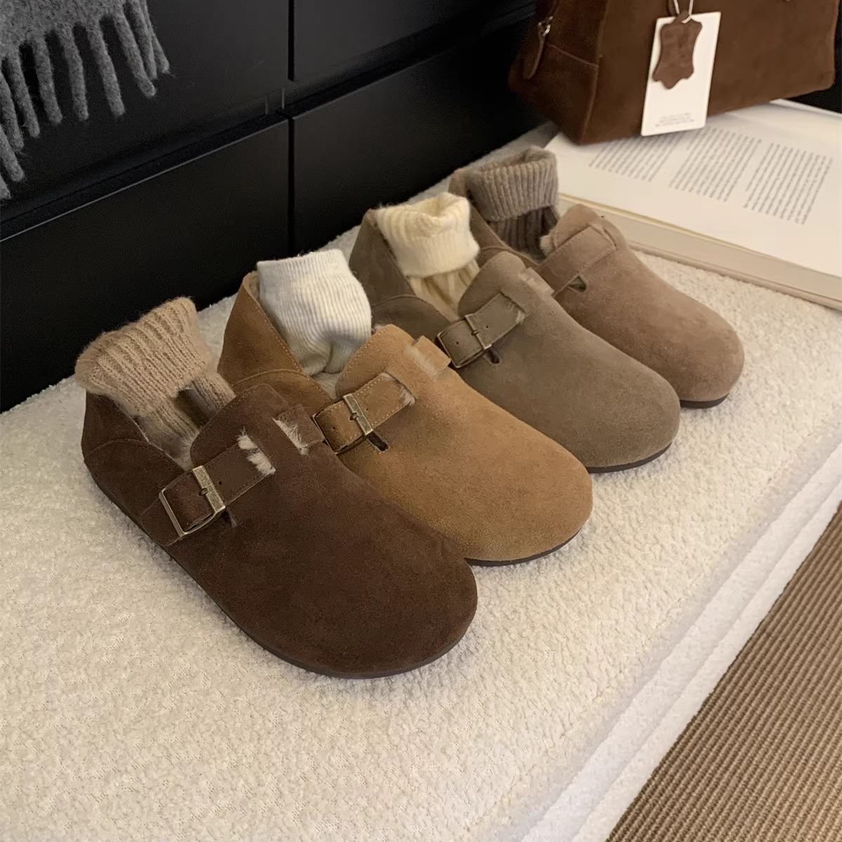 真牛皮软平底勃肯鞋女加绒保暖春秋冬季新款复古丑萌单鞋子一脚蹬