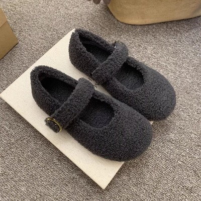 灰色玛丽珍毛毛鞋女冬外穿新款韩版呢子单鞋女平底加绒保暖棉鞋子