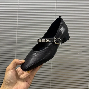 3cm/2026真皮粗跟单鞋女高级感舒适方头女鞋法式中跟百搭鞋子女