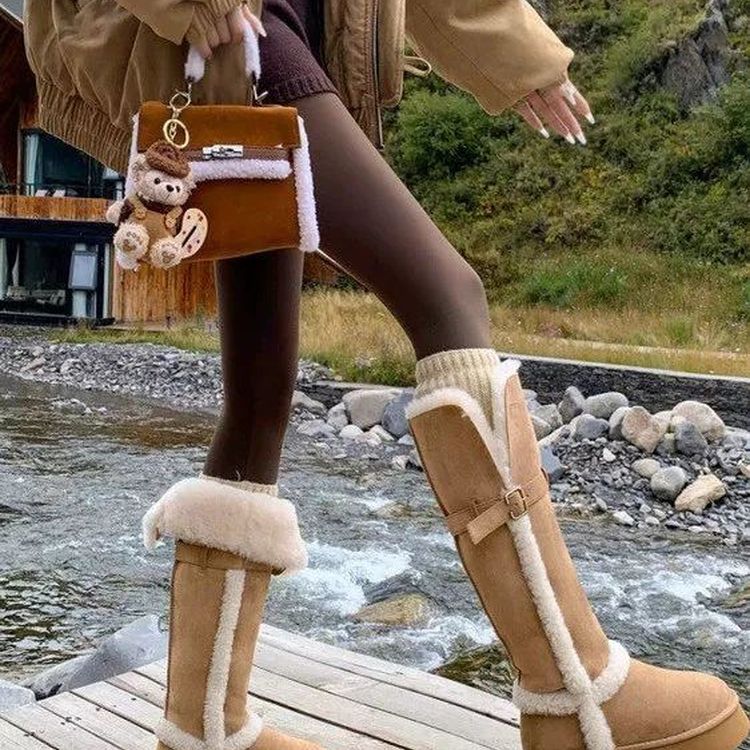 软皮版~厚底灰色长筒雪地靴2025冬季新款加厚防滑高筒靴东北棉鞋