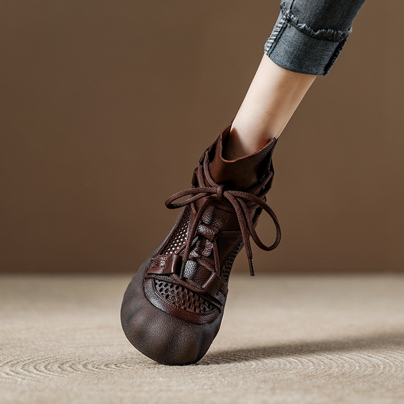 复古真皮镂空绑带凉鞋女高帮罗马鞋2025新款女鞋夏季网纱凉靴透气