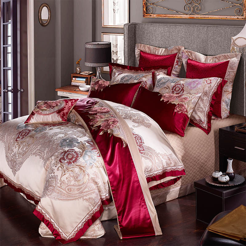高档结婚床上用品四件套别墅奢华刺绣贡缎提花被套全棉纯棉床单