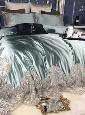 法式真丝棉蕾丝高端四件套 欧式全棉样板房蓝色纯棉婚庆床上用品