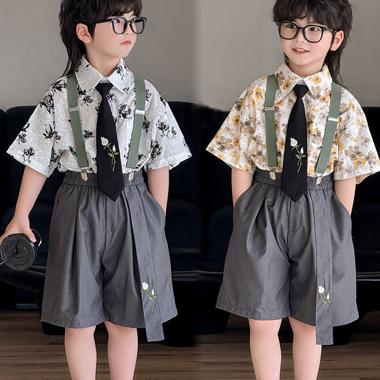 男童花衬衫套装儿童夏款背带礼服男孩宝周岁短袖短裤演出服帅西服