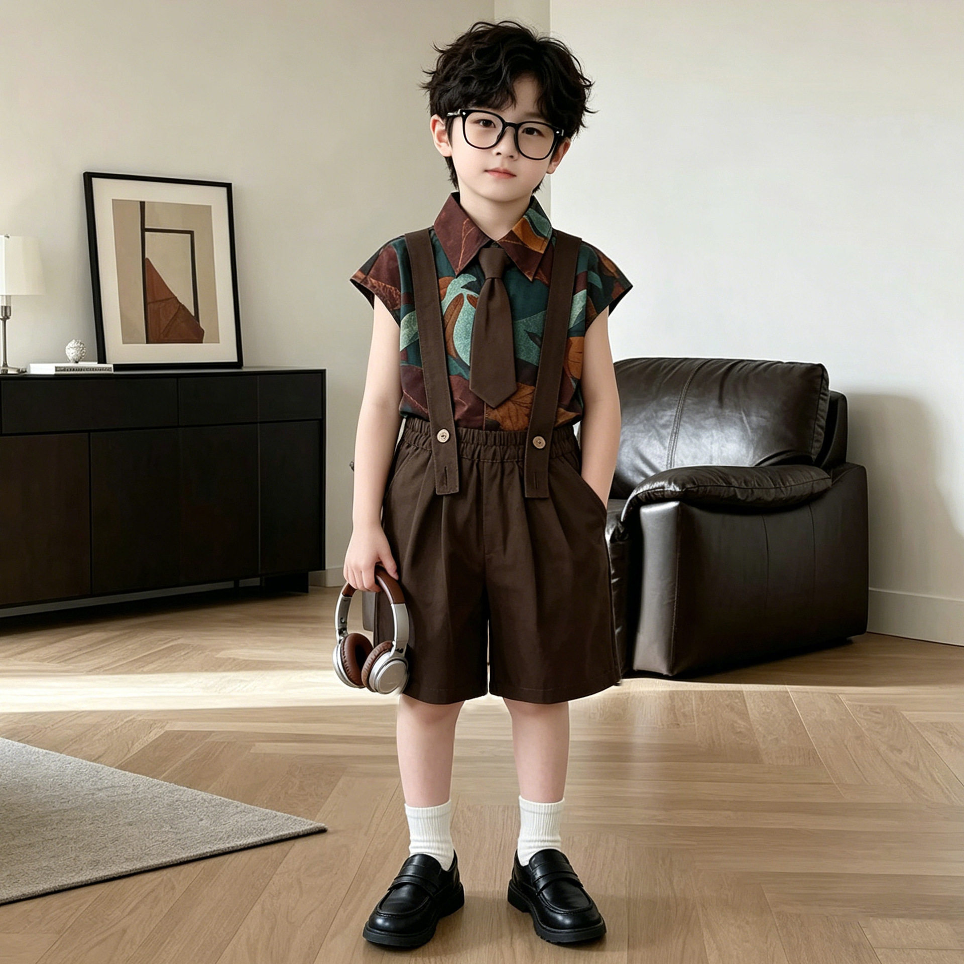 2026新款夏季儿童套装男童短袖衬衫背带裤宝宝洋气演出礼服小西服