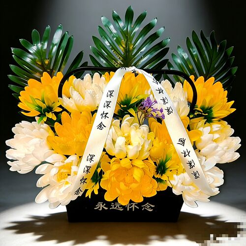 【新品】清明节仿真花盆花绢花五七假花摆放扫墓手提花篮花盒成品