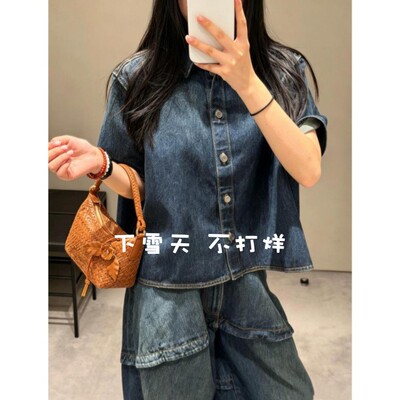 老萝家！鼎级！女士夏季单宁牛仔短袖衬衫