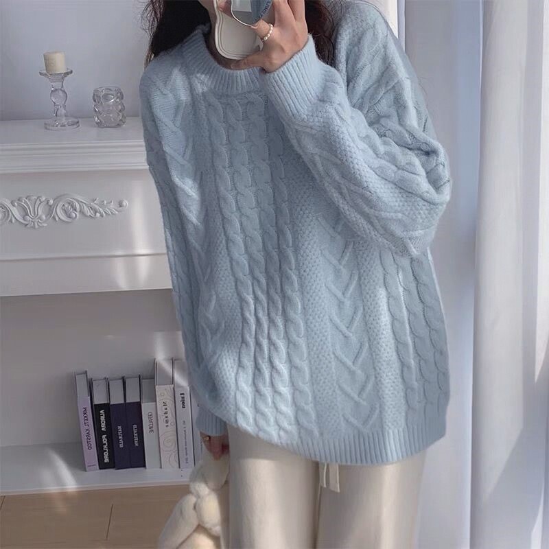 奶蓝色套头毛衣女春秋宽松网红ins麻花针织衫慵懒风温柔系打底衫