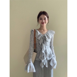 秋冬新款套装女温柔风荷叶边毛衣开衫针织连衣裙收腰显瘦吊带长裙