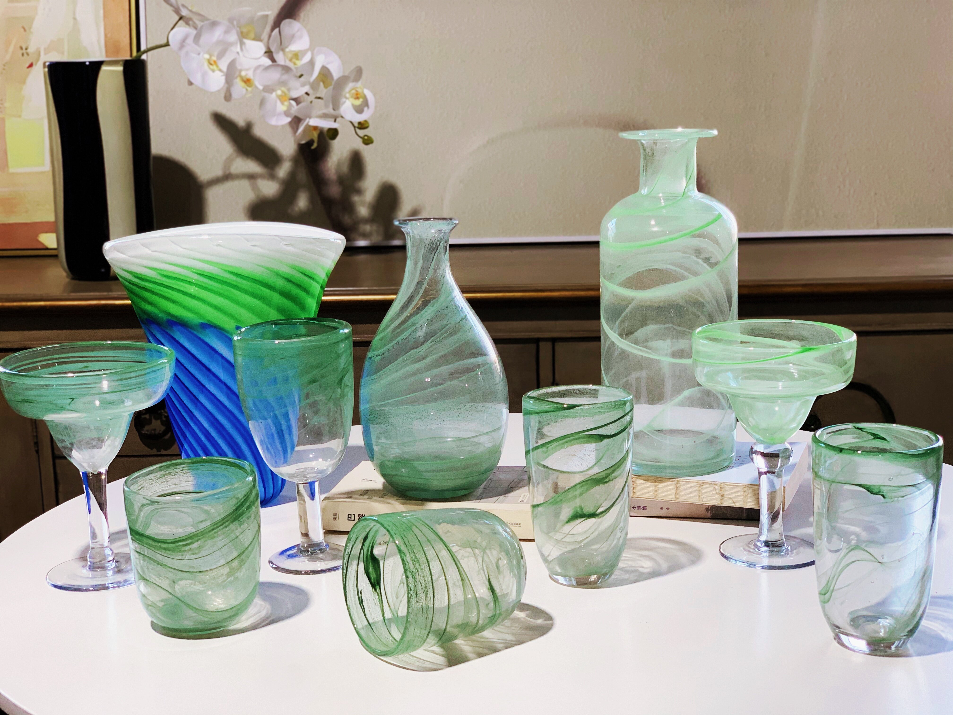 卡罗尔 中古浅绿色云纹玻璃酒杯花瓶法式玻璃杯手作果汁杯红酒杯