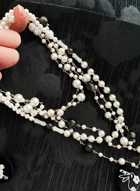 黑白镶钻毛衣链女长链大气时尚百搭项链春秋现货爆款贝珠金耀石版