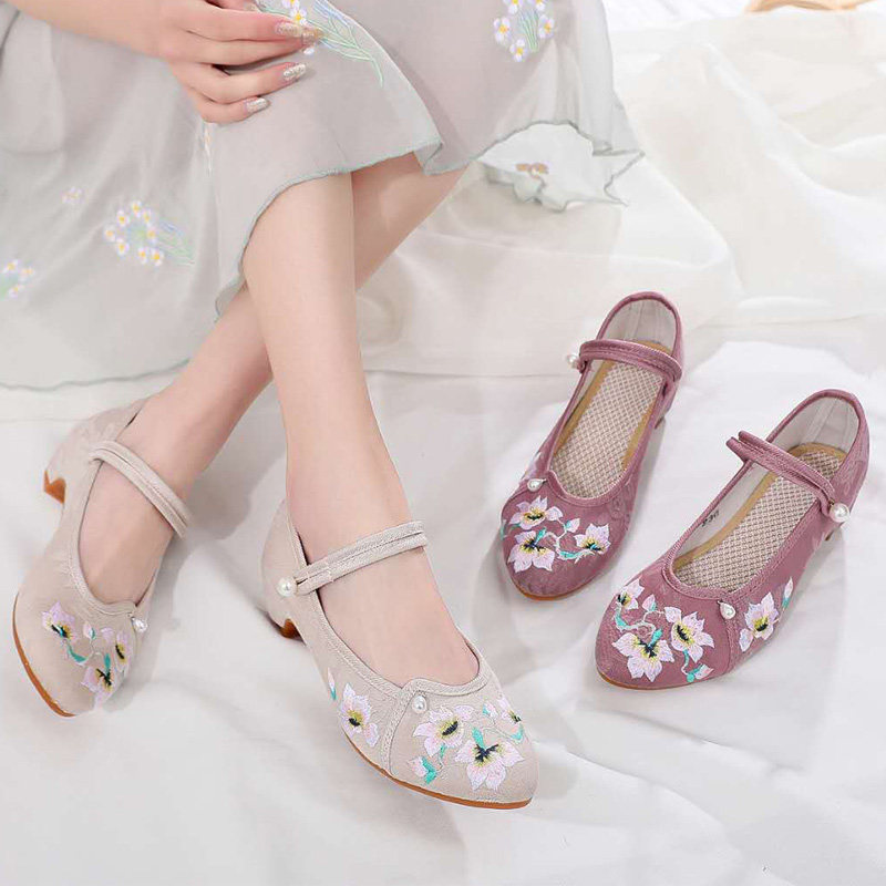 福泰欣老北京布鞋女夏季汉鞋女古风淡雅中跟绣花鞋汉服鞋子民族风