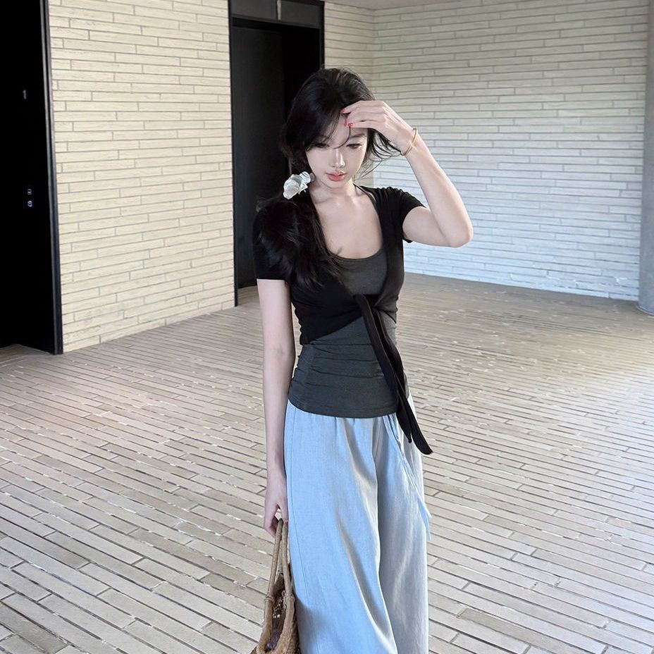 棕色系带莫代尔棉开衫短袖上衣女2026夏季新款罩衫叠穿外搭显瘦潮