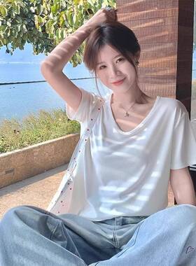 莫代尔棉短袖T恤女显瘦白色宽松版夏季韩版宽松显瘦低领休闲上衣