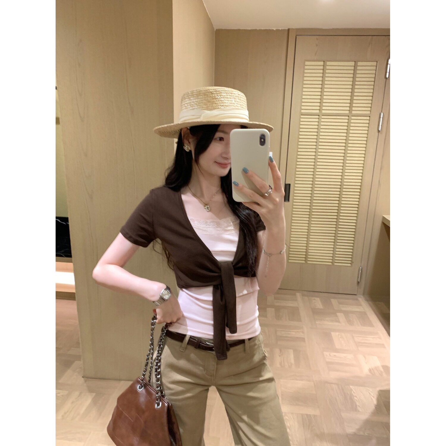 棕色系带莫代尔棉开衫短袖上衣女2026夏季新款罩衫叠穿外搭显瘦潮
