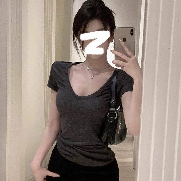 美式简约经典穿搭款U领正肩短袖T恤夏季修身显瘦紧身辣妹上衣chic
